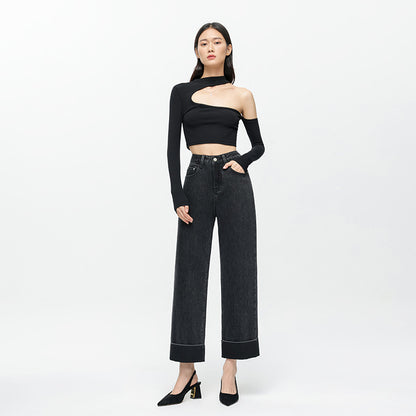 2025 autumn new curled jeans women's 2025n high street design sense niche high waist thin wide leg nine-point pants