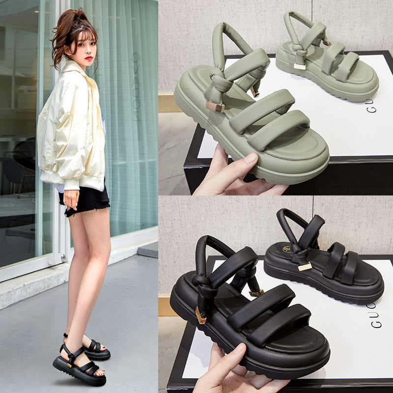 2025 Korean version of summer  new belt buckle retro open-toed sandals women wear versatile fashion platform women