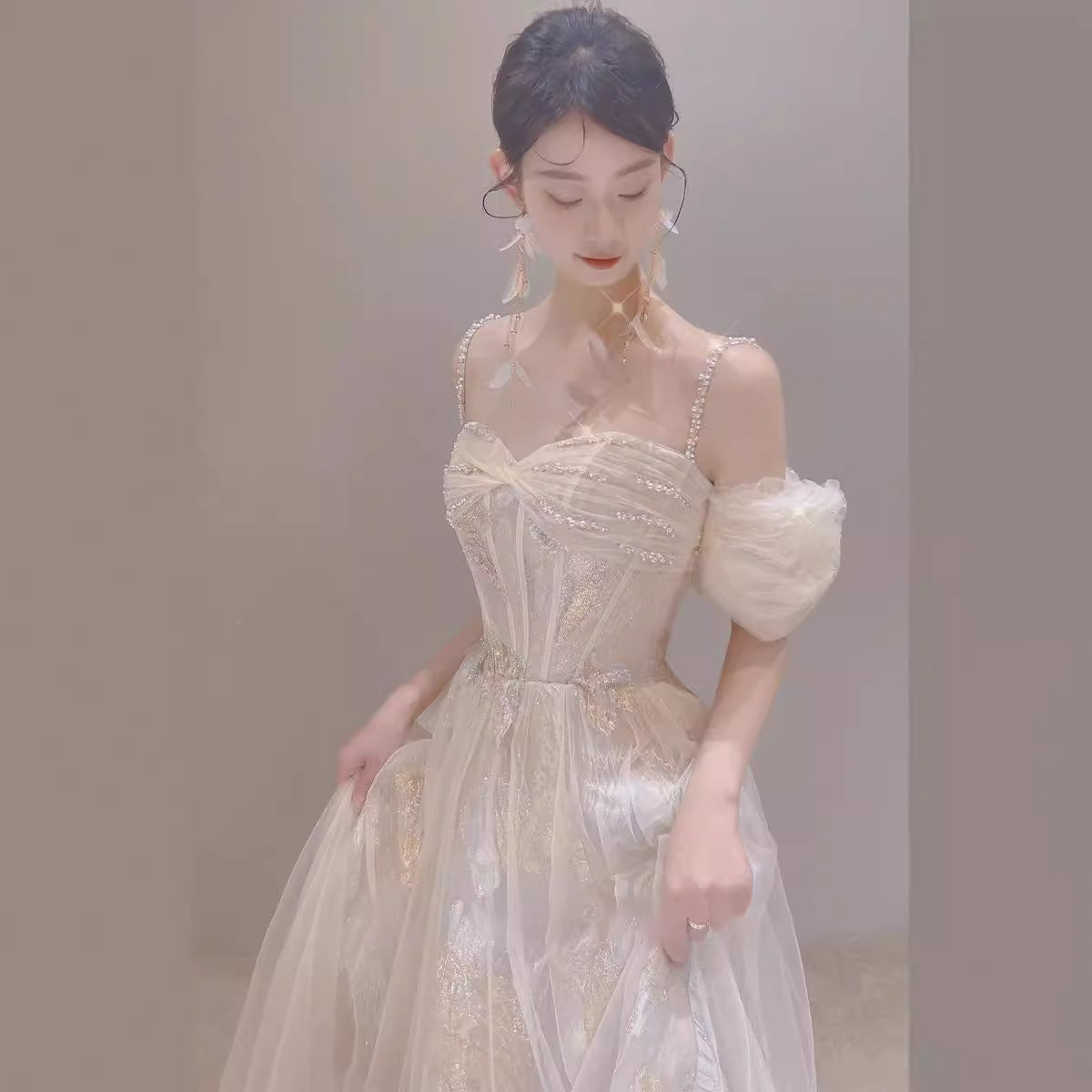 Romantic fairy toast dress bride engagement high-end light luxury niche wedding banquet birthday word shoulder evening dress dress dress