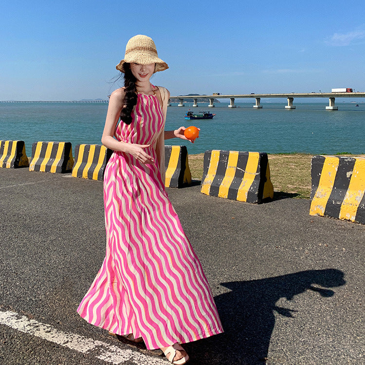 2025 retro striped neck dress women's summer new hollow backless dress seaside vacation beach dress