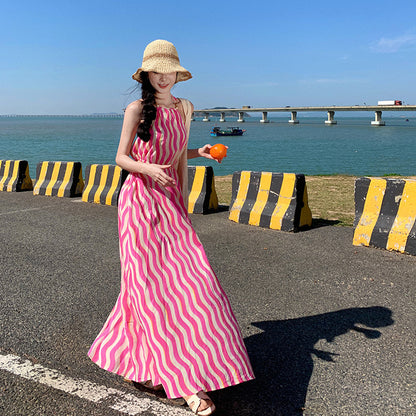 2025 retro striped neck dress women's summer new hollow backless dress seaside vacation beach dress