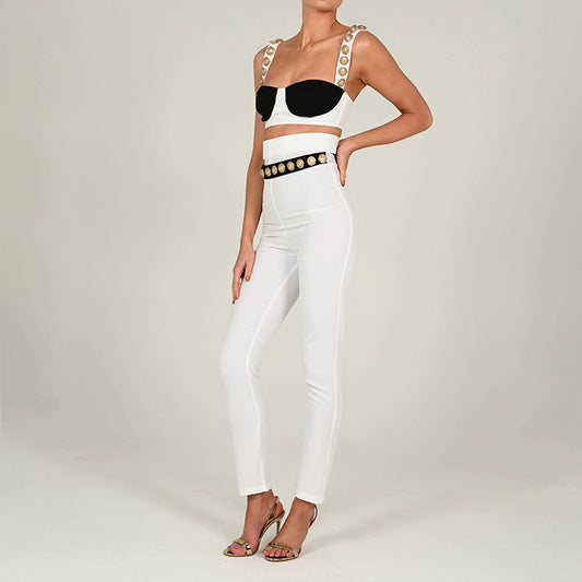 2025 New hot-selling  suit women's fashion two-piece set willow buckle suspender color matching tube top casual trousers