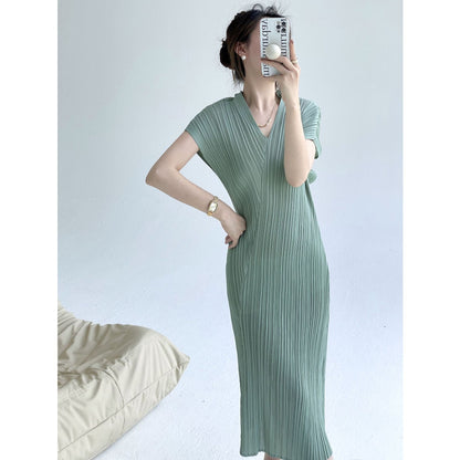 Pleats  summer new high-end design v-neck slim-fitting and thin Miyake dress temperament elegant long dress