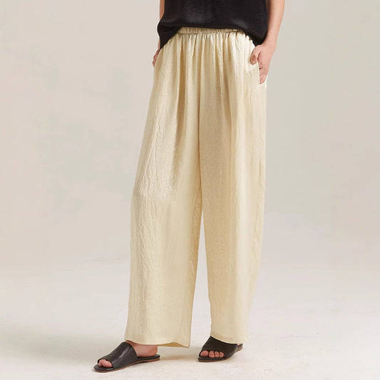 Siyuan, guest acetic acid drawstring elastic waist wide-leg pants women's niche design casual and thin lazy pants 7703