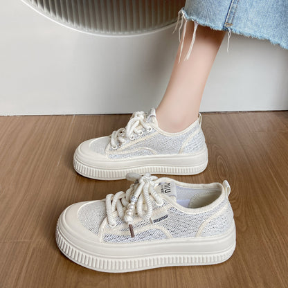 flowersverseWomen's Thick-Soled Canvas Shoes  New Summer Thin Matching Skirt Breathable Mesh Shoes Thick-Soled All-Match White Shoes