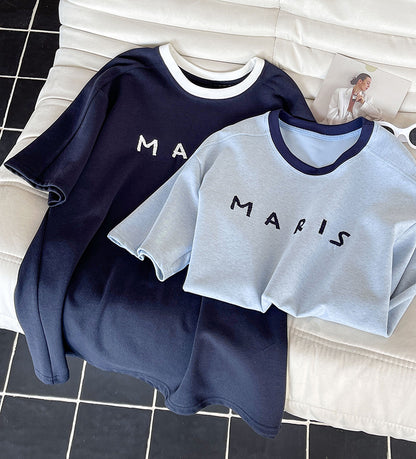 2025  Spring New Korean Version Front Shoulder Niche Design Contrasting Color Crew Neck Splicing Short Sleeve T-Shirt 80118