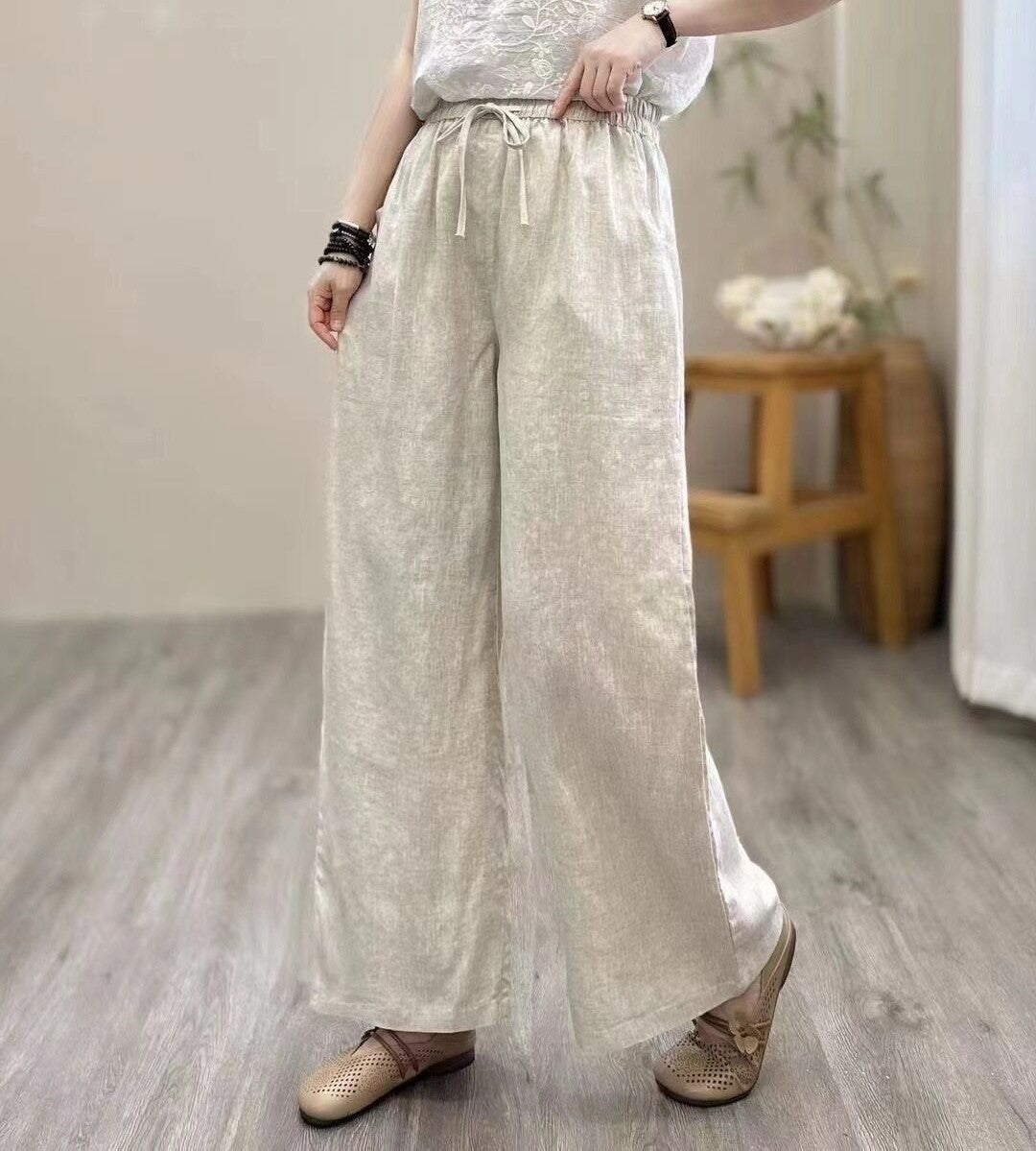 flowersverse Jianmeng Youyou Linen Wide-Leg Pants  Spring New Style Inner Edge Casual Pants for Women Elastic Waist Pants 8826