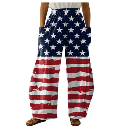 FLOWERSVERSE  Summer Women's Holiday Casual Loose Straight-Leg Wide-Leg Pants US Independence Day 3D Print Yoga Pants