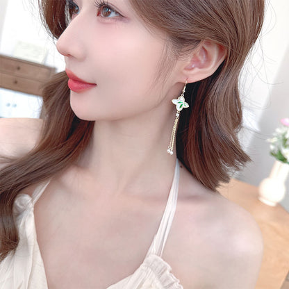 2025 Retro Chinese style new Chinese earrings niche design pearl tassel earrings long lucky grass bamboo leaf earrings