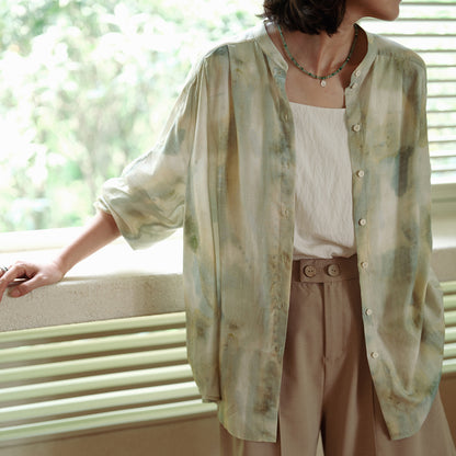 Shirt women's summer, ink printing stand-up collar long-sleeved cardigan, casual loose retro shirt top women B0639