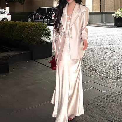 2025 Premium sense satin blazer women's spring  loose thin suit dress set