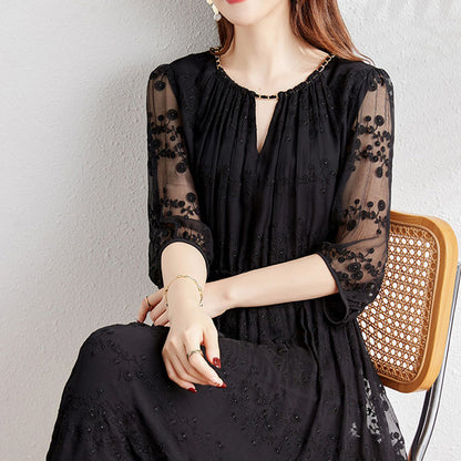 2025 Silk embroidery daughter wind skirt mulberry silk dress  white medium and long large size women's clothing summer