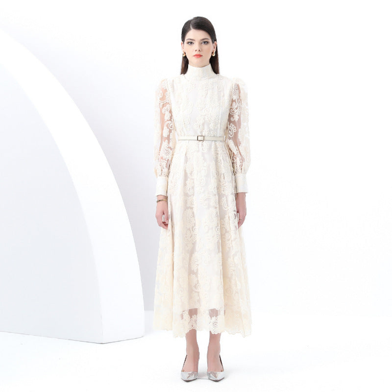 Early Spring - Court Style Lantern Sleeve High Neck Embroidered Wide Swing Long Dress