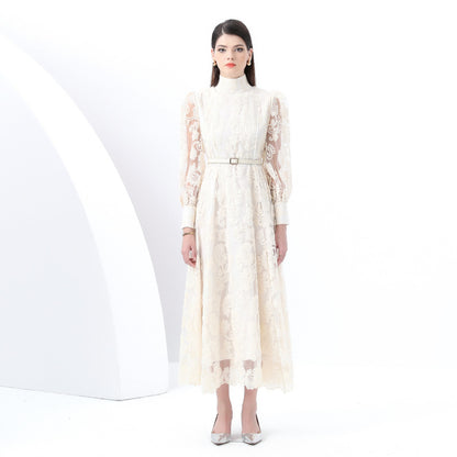 Early Spring - Court Style Lantern Sleeve High Neck Embroidered Wide Swing Long Dress