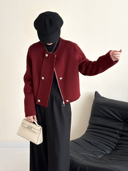 2025 Collarless zipper solid color small short high-end double-sided wool woolen coat jacket women's warm autumn and winter