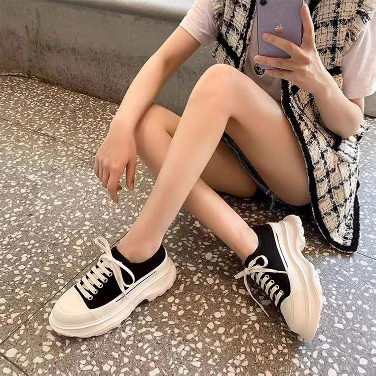 flowersverseMcQueen Platform Canvas Shoes  Summer New Breathable Clunky Sneakers Height Increasing Insole Top Couple Casual White Shoes for Women