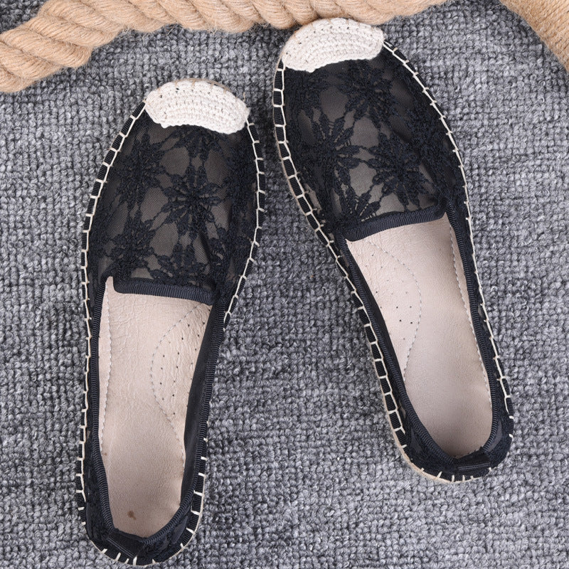 flowersverseSummer Women's Shoes Thin Pumps Linen Fisherman Shoes Women's Slip-on Lace Hollow-out Old Beijing Soft Bottom Cloth Shoes