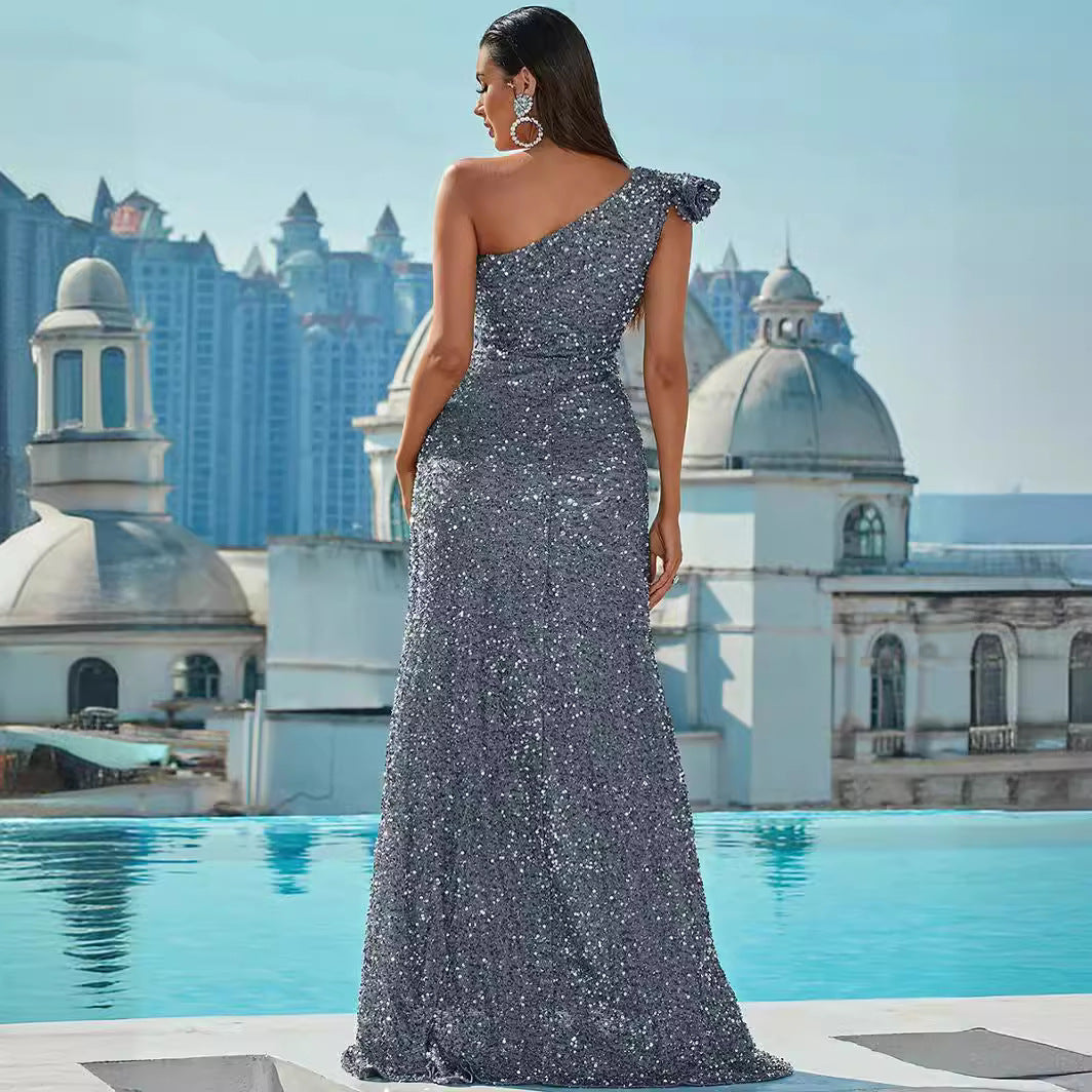 FLOWERSVERSE New cross-border new sequined slanted shoulder backless sleeveless long ball sequined silver pendulum dress evening dress