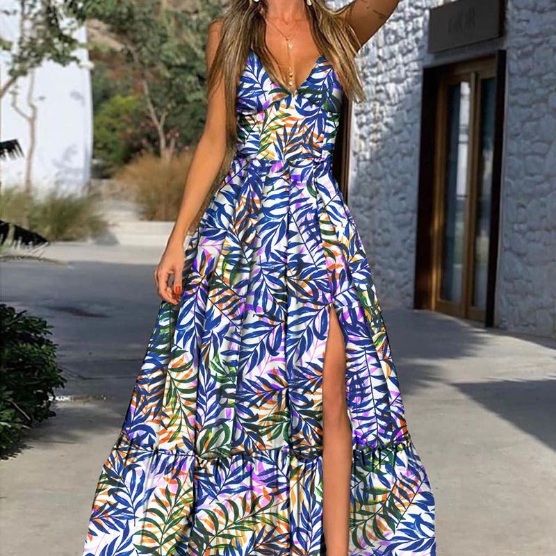 FLOWERSVERSE 2025New new  2025 spring and summer women's clothing  wish deep v suspender print dress