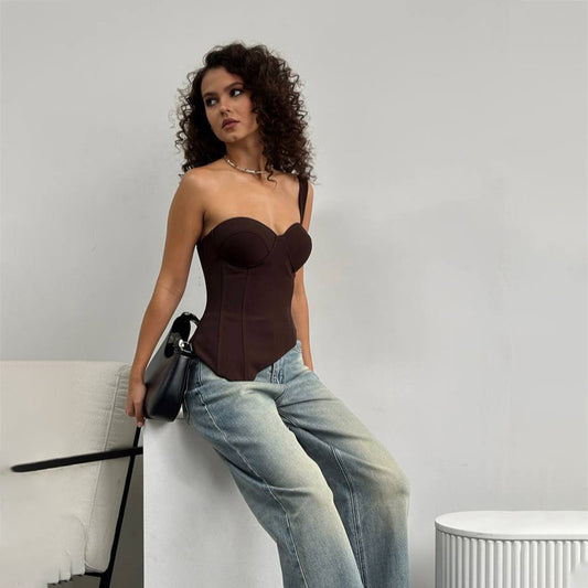 sexy babes irregular single shoulder sling vest women's inner spring and summer new waist strap tight vest