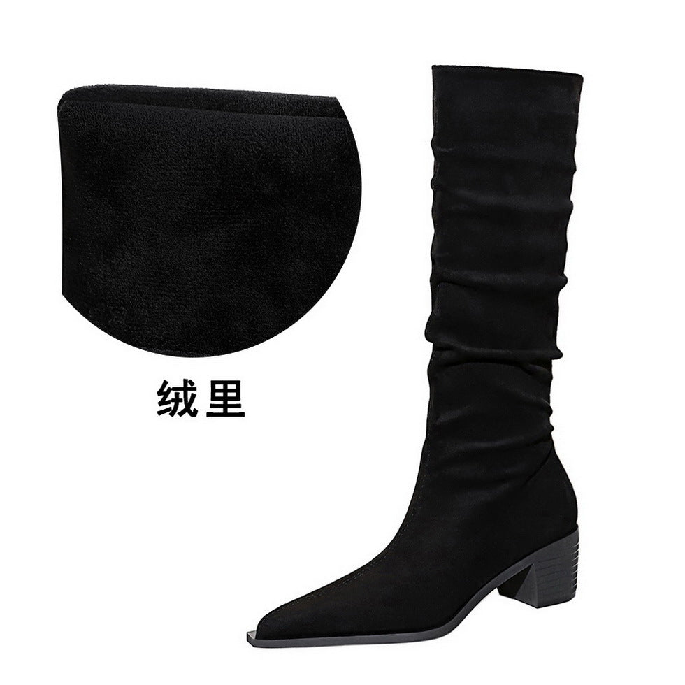 FLOWERSVERSE 2025 009-17 Retro  style knight boots Winter fashion women's boots Medium heel thick heel pointed suede wrinkled high boots