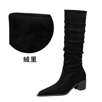 FLOWERSVERSE 2025 009-17 Retro  style knight boots Winter fashion women's boots Medium heel thick heel pointed suede wrinkled high boots