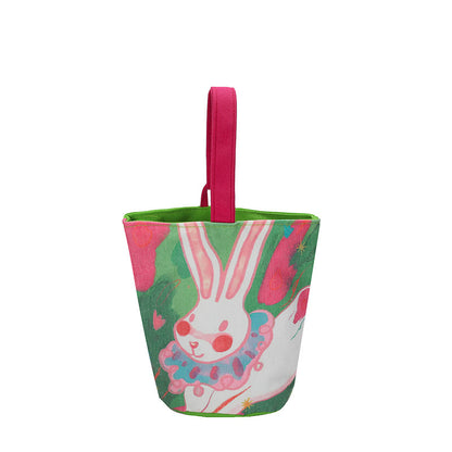 FLOWERSVERSE  New Cartoon Canvas Bag Bucket Bag Printed Cute Small Handbag Contrast Color Bento out Rabbit Small Carrying Bag