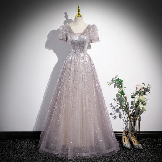 Banquet evening dress female high-end host high-end atmosphere high-grade V-neck  princess dress vocal art test