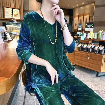 2025 Silk velvet hand-painted blue-green gradual change loose round neck T-shirt + drawstring elastic waist wide-leg pants casual suit