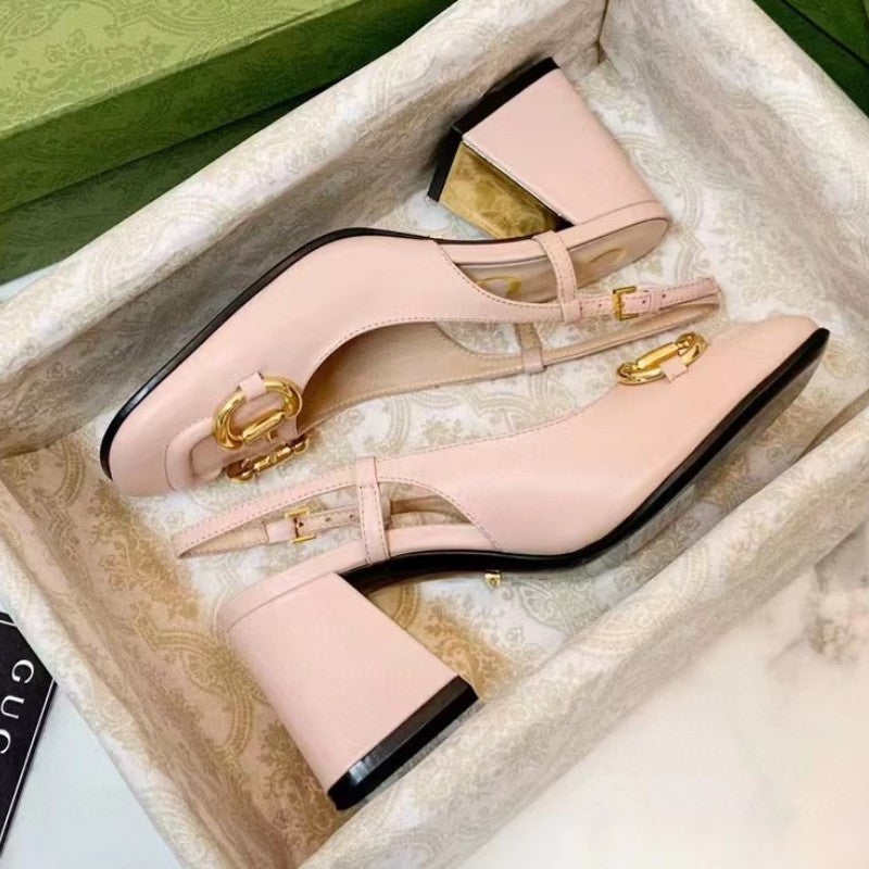 flowersverse  Pure Original G High Heels Horsebit Buckle Genuine Leather Retro Slip-on Square Toe Chunky Heel Closed Toe Strap Slingback Sandals Women