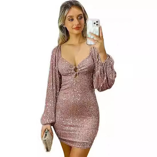 FLOWERSVERSE 2025New   autumn new 2025 beads sexy long-sleeved deep V retro sequins medium and long dress