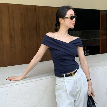 2025 spring and summer new Korean version of simple temperament one-word collar short-sleeved knitted sweater women's top tide 89303