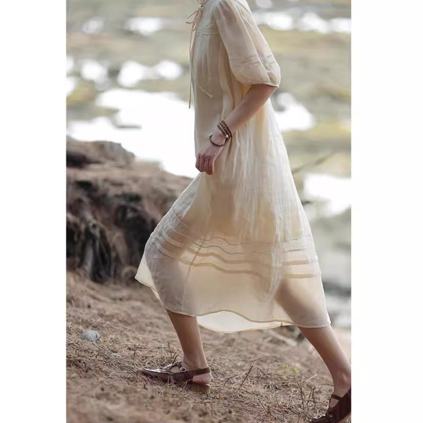 2025 summer  fairy large size long dress yarn thin man JI fine natural ramie lace dress A0436