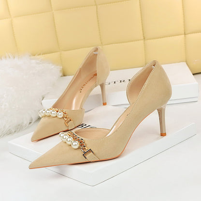 2025 8829-2  style banquet slim super high heel suede shallow mouth pointed pearl metal chain side hollow single shoe