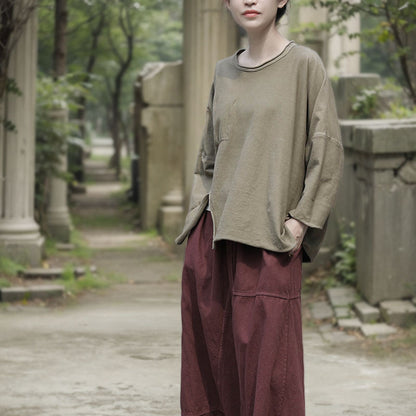 Spring and Autumn Skin-friendly Soft Pullover T-Shirt Washed Cotton Blended Irregular Knitted Splicing Top