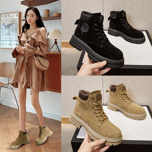 2025 Leather rhubarb boots Martin boots women's  new British style platform short boots women's spring and autumn single boots