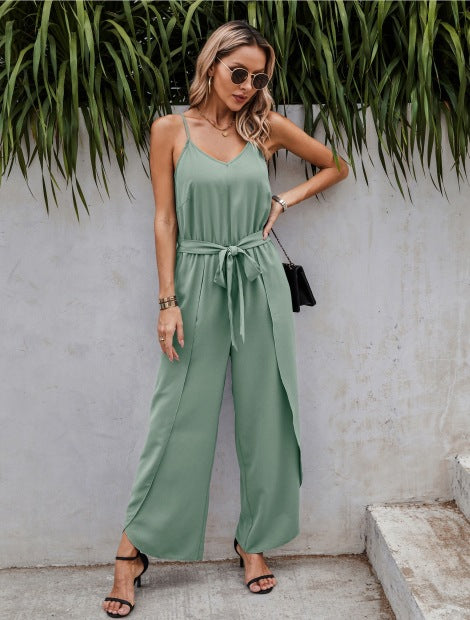 FLOWERSVERSE  New  Summer Fashion V-neck Strap Wide Leg Side Slit Women's Jumpsuit 600237