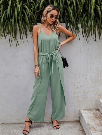 FLOWERSVERSE  New  Summer Fashion V-neck Strap Wide Leg Side Slit Women's Jumpsuit 600237