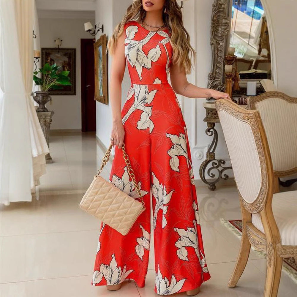 FLOWERSVERSE 2025 spring, summer and winter clothing temperament commuting red lazy wind printing cotton chiffon dress long high-waisted jumpsuit