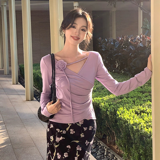 2025 Spring New Temperament Elegant Flower Bottom Knitted Sweater Skinny Long Sleeve Top Women's 89210