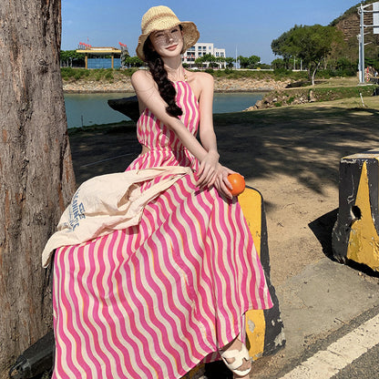 2025 retro striped neck dress women's summer new hollow backless dress seaside vacation beach dress