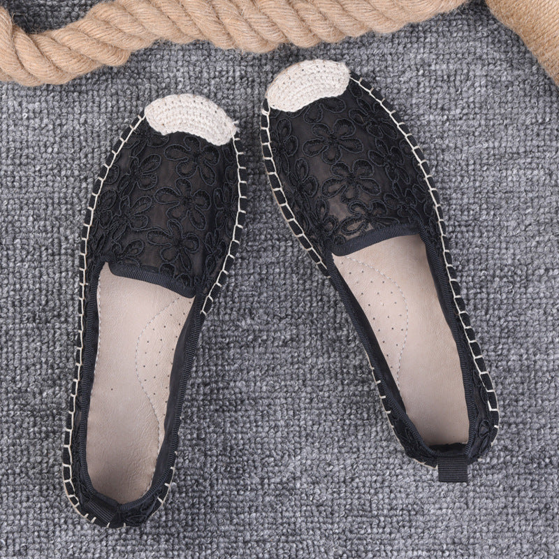 flowersverseSummer Women's Shoes Thin Pumps Linen Fisherman Shoes Women's Slip-on Lace Hollow-out Old Beijing Soft Bottom Cloth Shoes