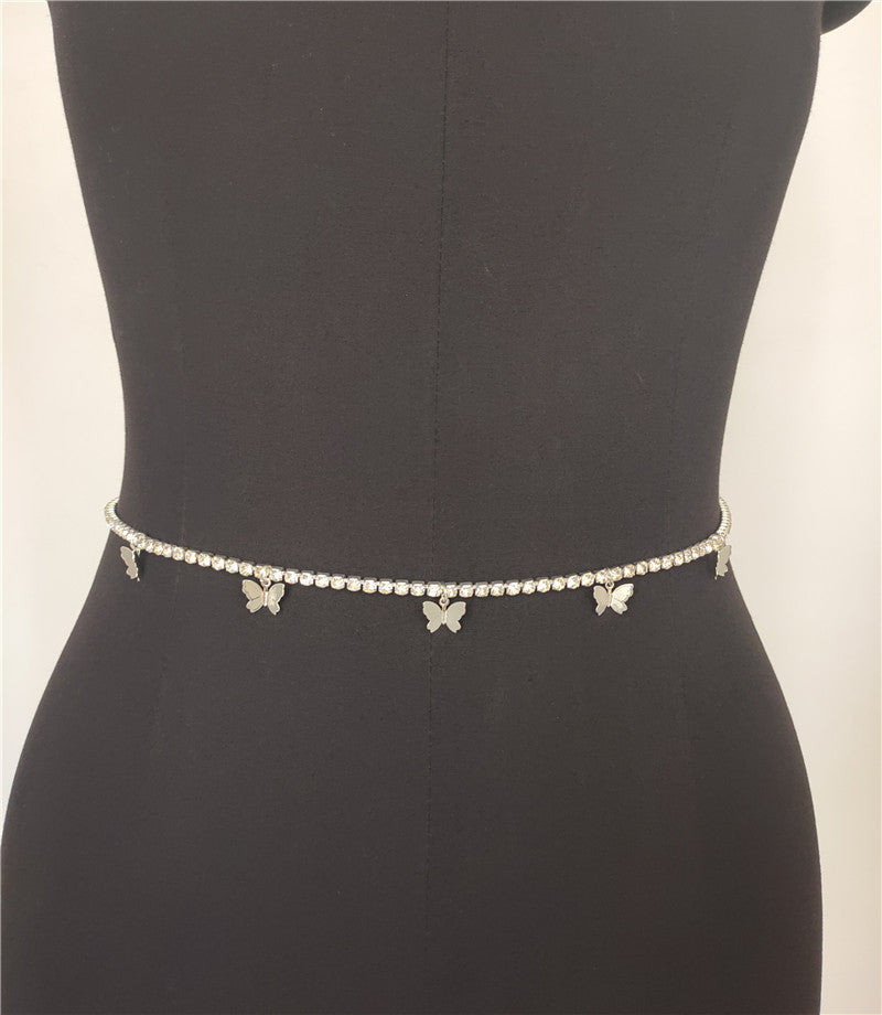 Popular, 2025 2020ins Popular trade New nightclub personalized butterfly pendant rhinestone bright diamond flash diamond waist chain fb1200