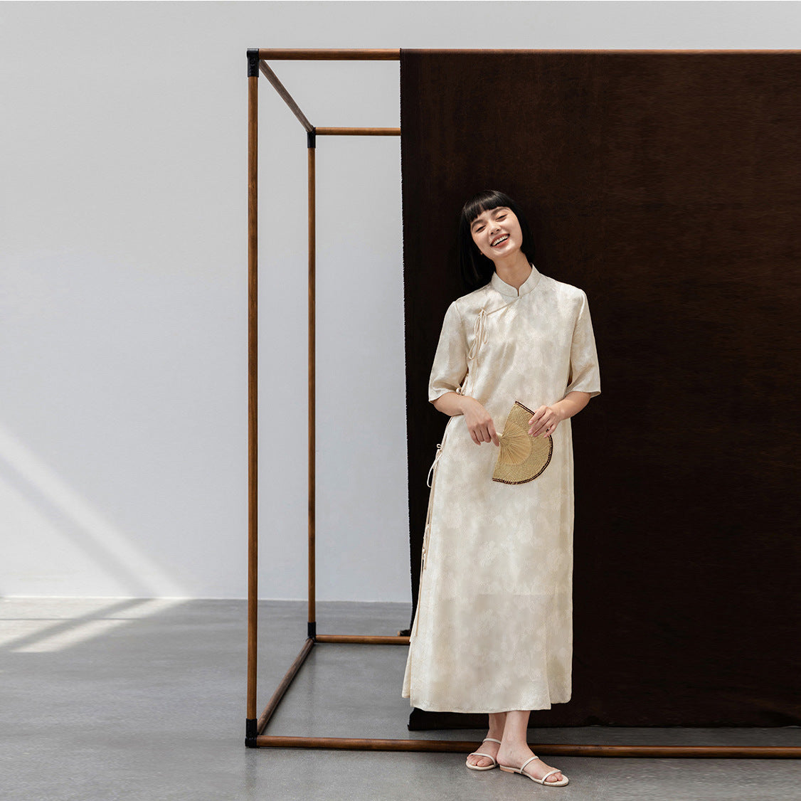 New Chinese dress women's spring and summer lace-up straight modified strap-up skirt long dress B0108