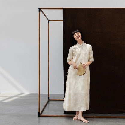 New Chinese dress women's spring and summer lace-up straight modified strap-up skirt long dress B0108