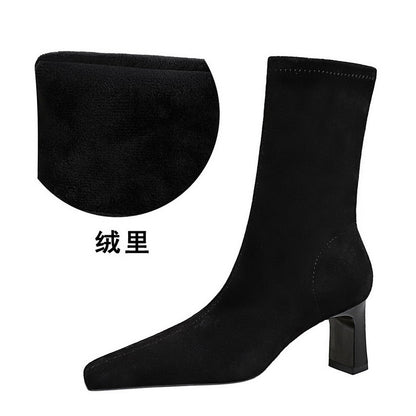 FLOWERSVERSE 2025 375-8  fashion simple thick heel square head suede pedicure thin short women's boots winter high heel short boots