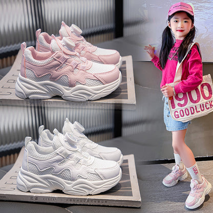 flowersverse New Light Bottom Dad Shoes Campus Solid Color Casual Shoes Fashionable Button Children Sneaker Girls' White Shoes Mesh