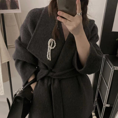 2025 Large lapel lace-up sleeves pearl accessories high-end double-sided wool coat woolen jacket women's warm autumn and winter