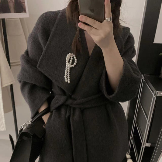 2025 Large lapel lace-up sleeves pearl accessories high-end double-sided wool coat woolen jacket women's warm autumn and winter