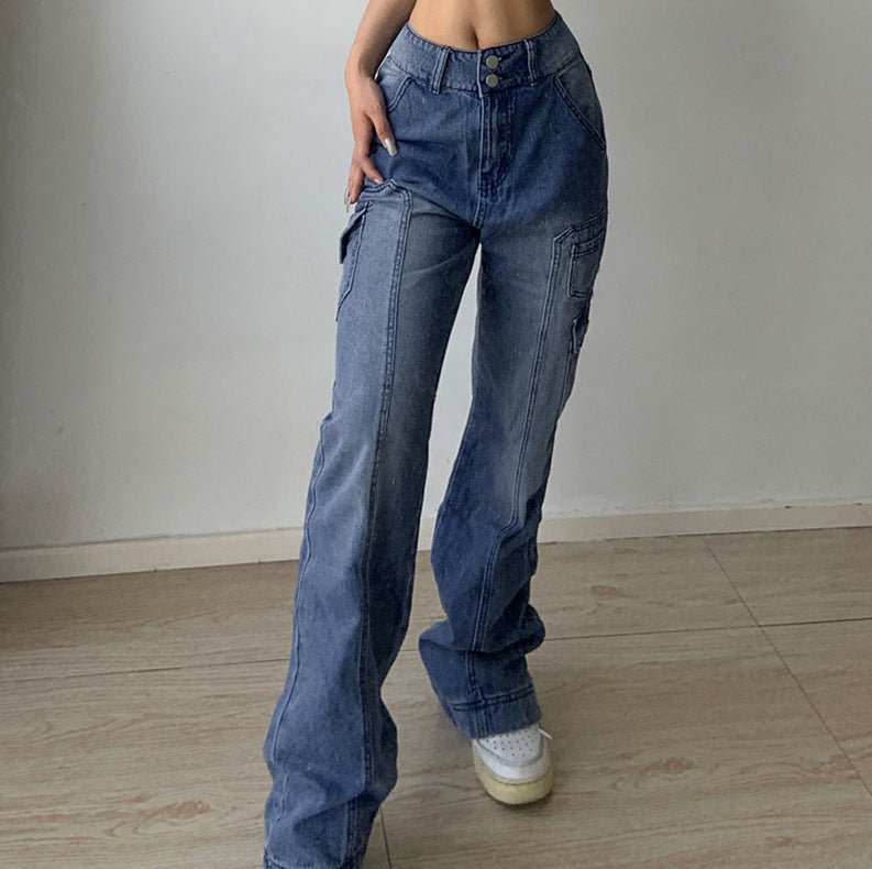 Popular trade New supply, high waist slim fit, two-button tooling, multi-pocket denim trousers for women
